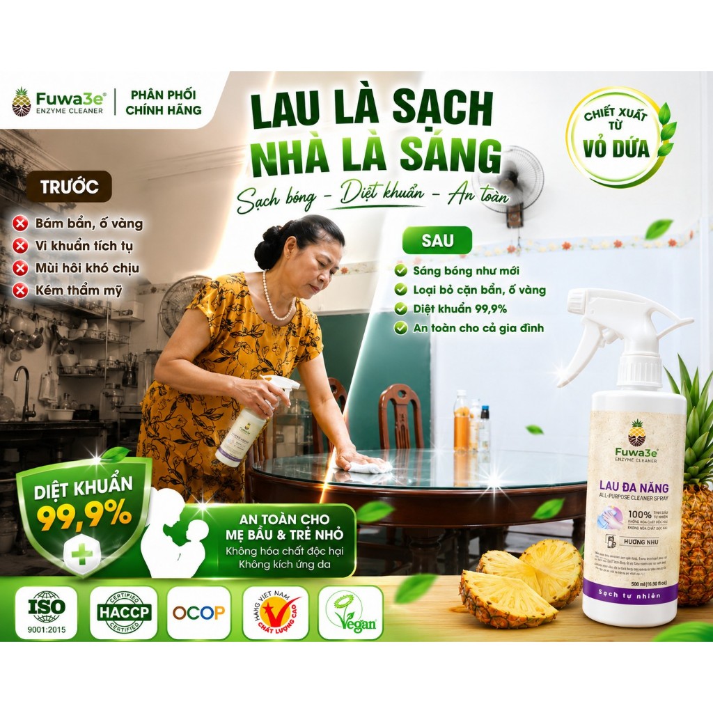 Combo 2 Chai Xịt Lau Đa Năng Sinh Học Fuwa3e Hương Nhu 500ml – Tẩy Dầu Mỡ, Khử Mùi, An Toàn Cho Gia Đình