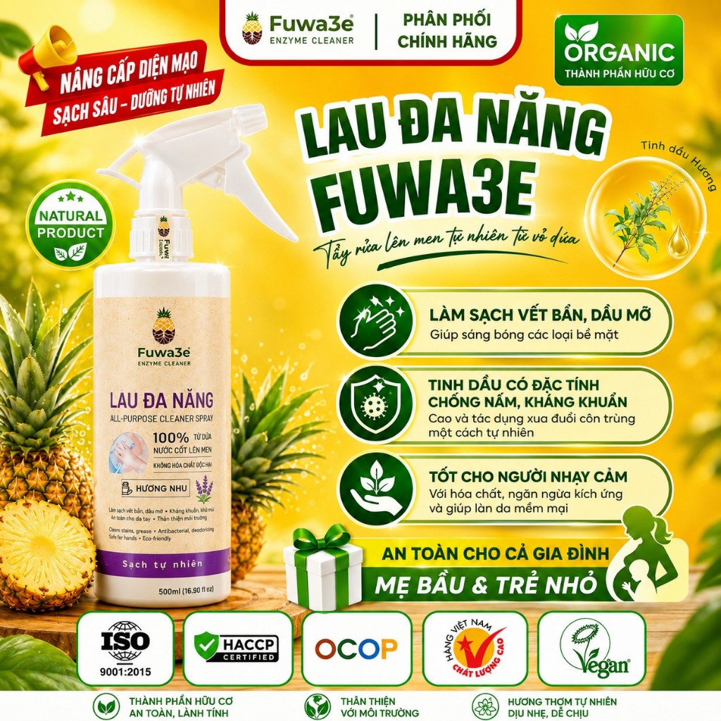Combo 2 Chai Xịt Lau Đa Năng Sinh Học Fuwa3e Hương Nhu 500ml – Tẩy Dầu Mỡ, Khử Mùi, An Toàn Cho Gia Đình