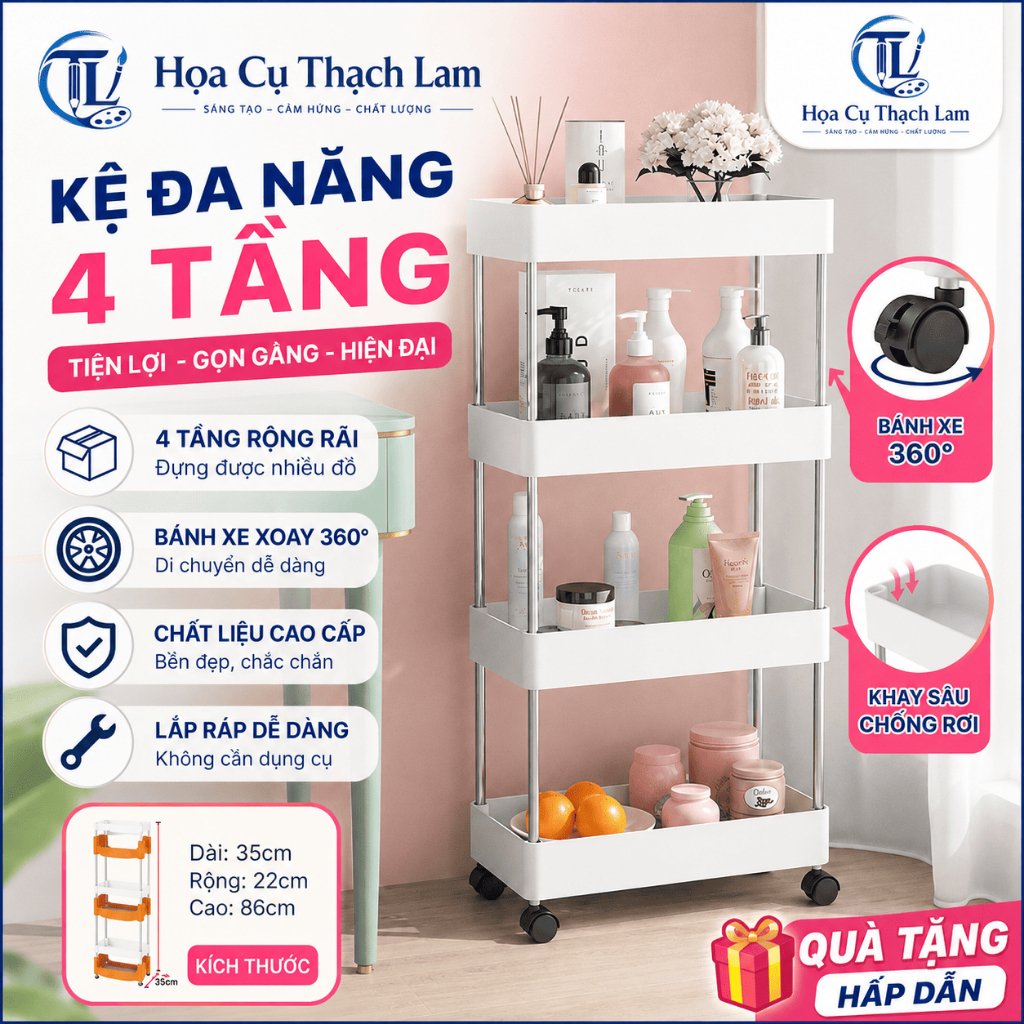 Kệ 4 tầng inox  Đa Năng 3, 4 Tầng Dùng Cho Nhà Bếp Phòng Tắm Phòng Khách Siêu Tiện Dụng