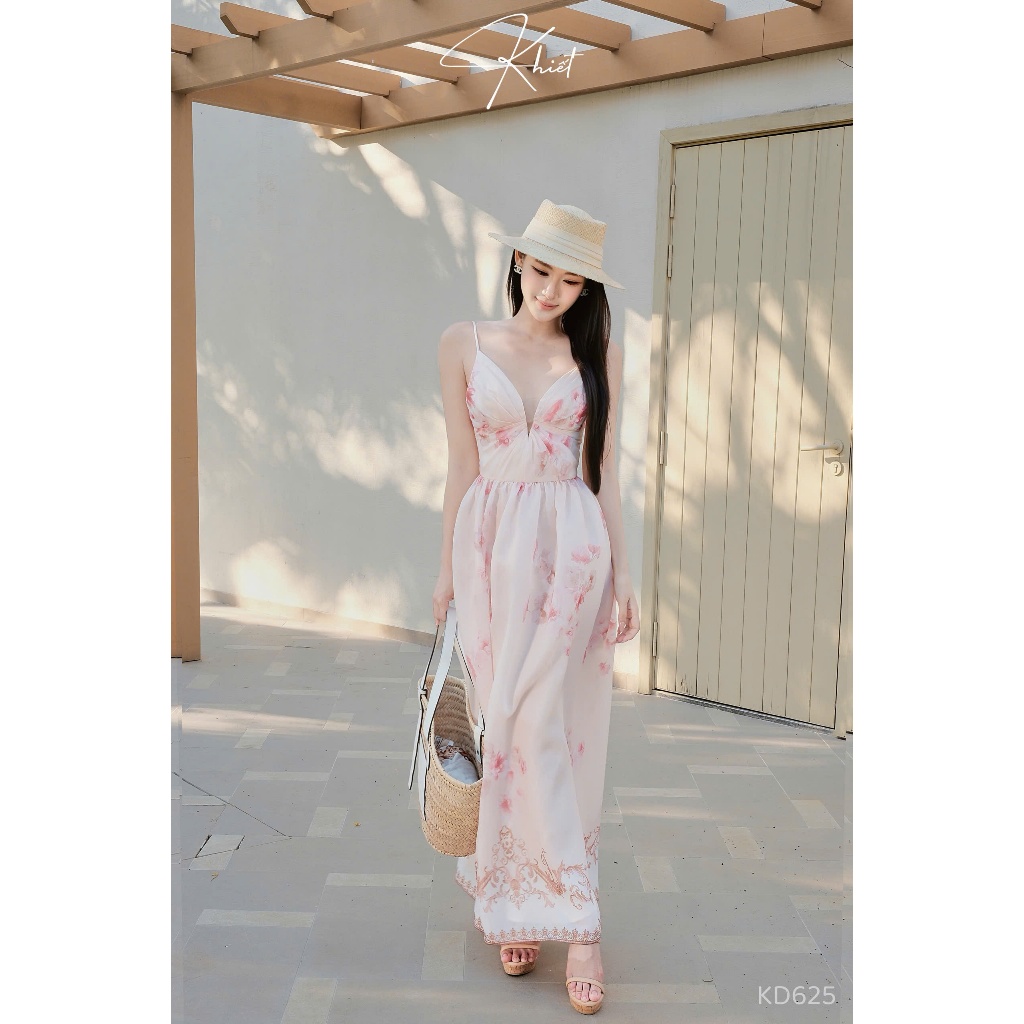 Đầm maxi Khiết hoa biếc hồng pastel cổ V xoắn ngực bay bổng nữ tính sang chảnh KD625