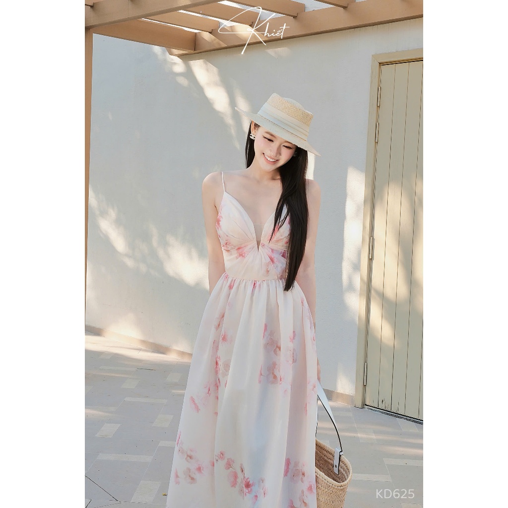Đầm maxi Khiết hoa biếc hồng pastel cổ V xoắn ngực bay bổng nữ tính sang chảnh KD625