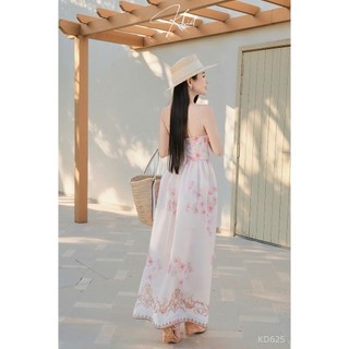 Đầm maxi Khiết Style hoa biếc hồng pastel cổ V xoắn ngực bay bổng nữ tính sang chảnh KD625