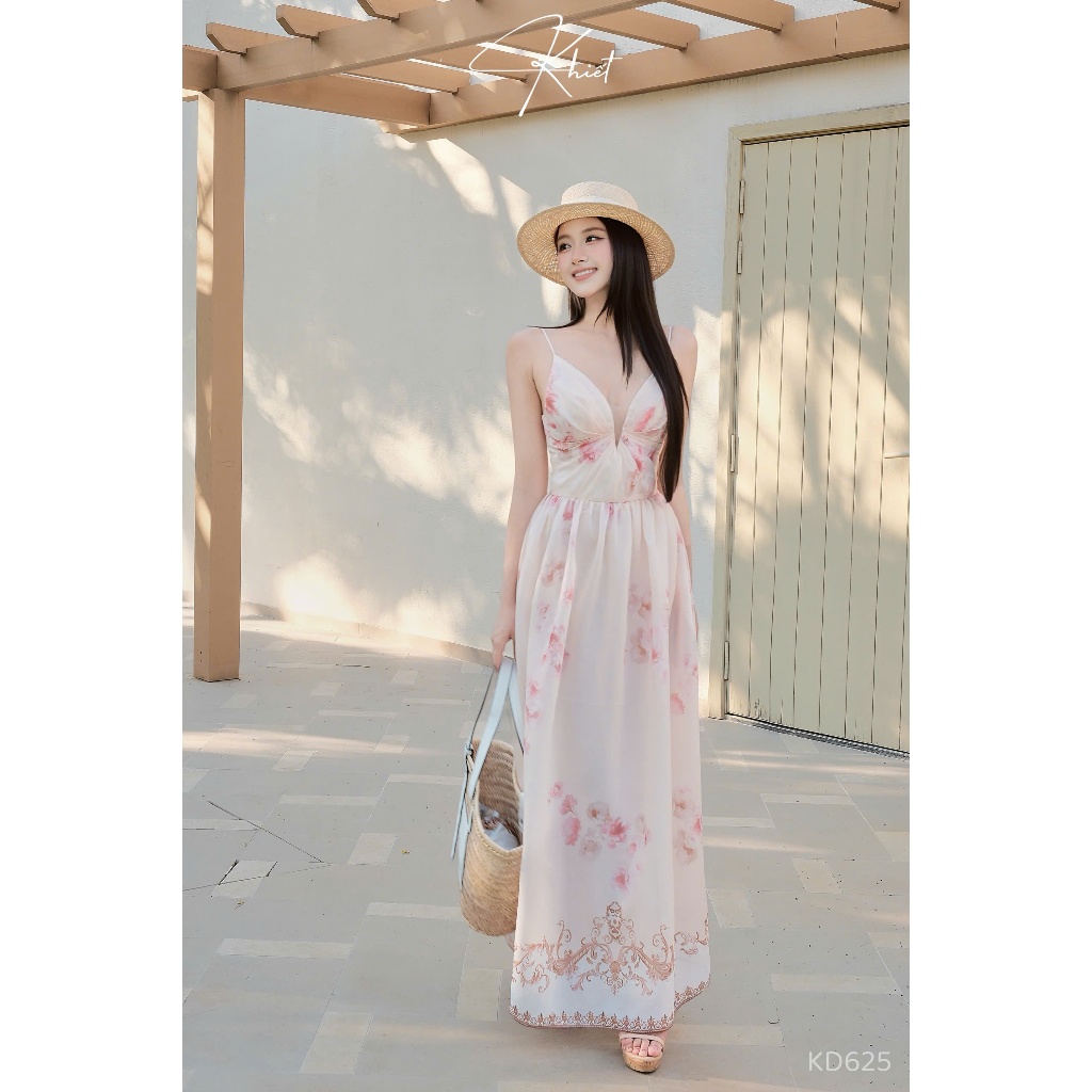Đầm maxi Khiết hoa biếc hồng pastel cổ V xoắn ngực bay bổng nữ tính sang chảnh KD625
