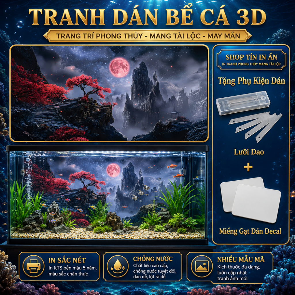 Decal tranh dán hồ cá 3D Kho In Ấn HC18 chống nước, In KTS dán dễ, gỡ dễ, có keo sẵn, nhiều kích cỡ