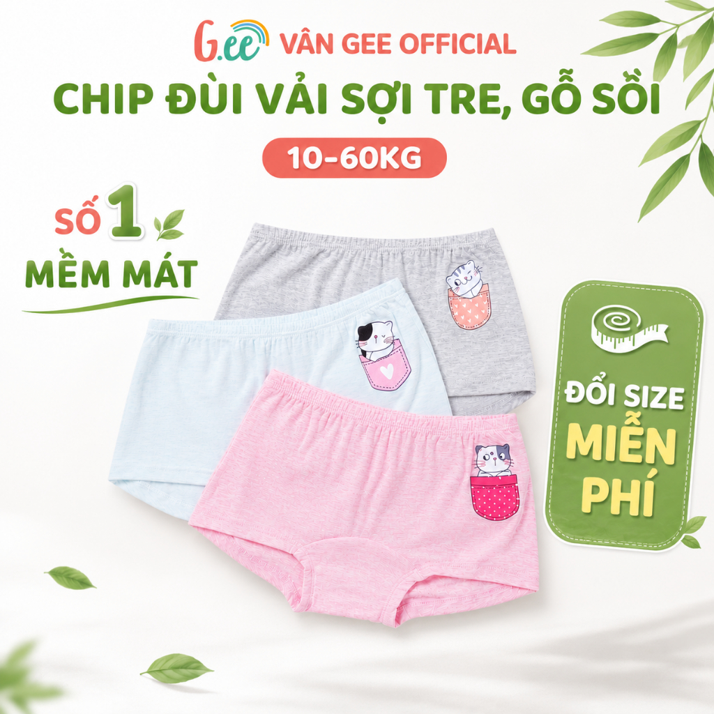 Set 3 chip đùi bé gái Gee vải sợi tre, gỗ sồi mềm mát kháng khuẩn, chun mềm mại co dãn size 10-60kg
