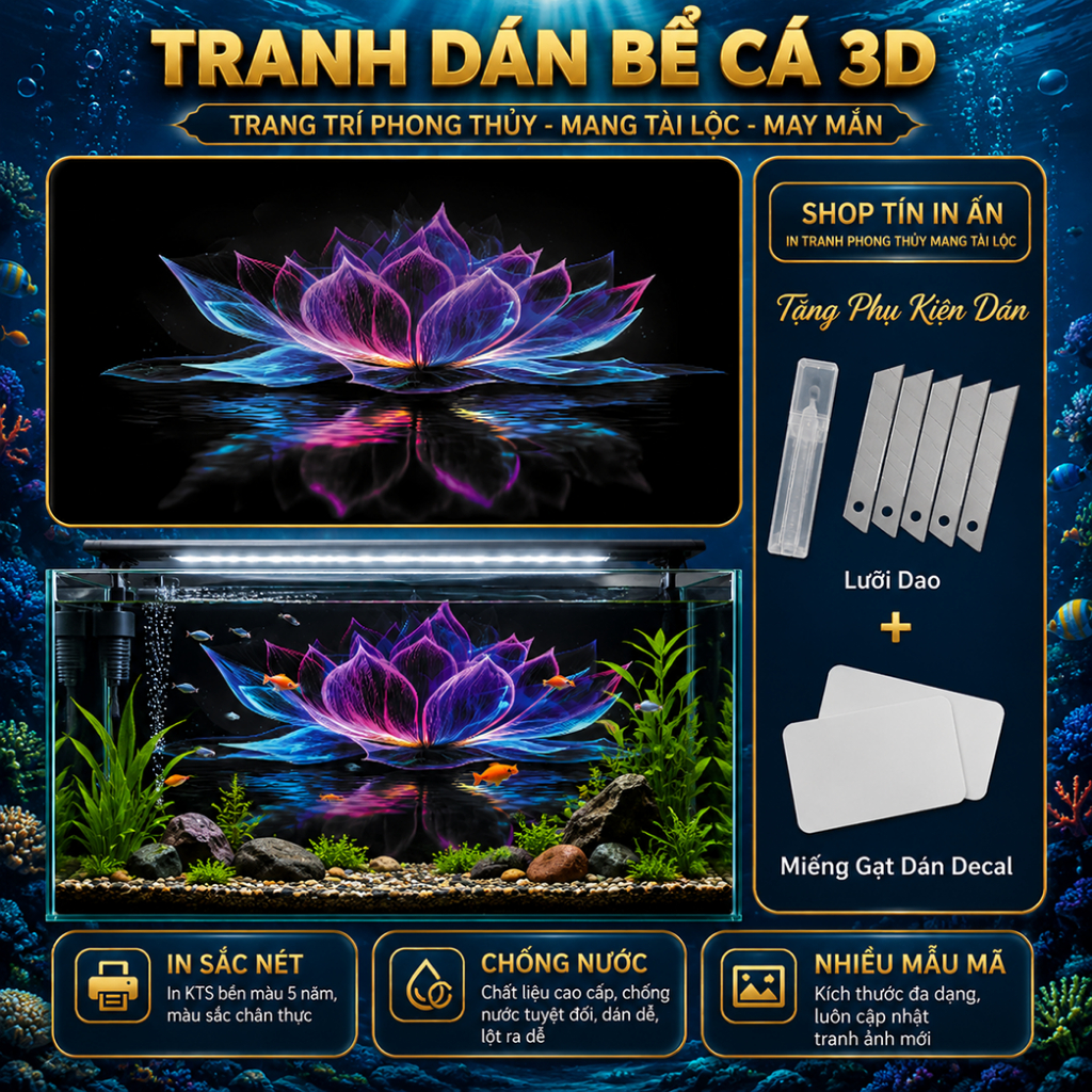 Decal tranh dán hồ cá 3D Kho In Ấn HC27 chống nước, In KTS dán dễ, gỡ dễ, có keo sẵn, nhiều kích cỡ