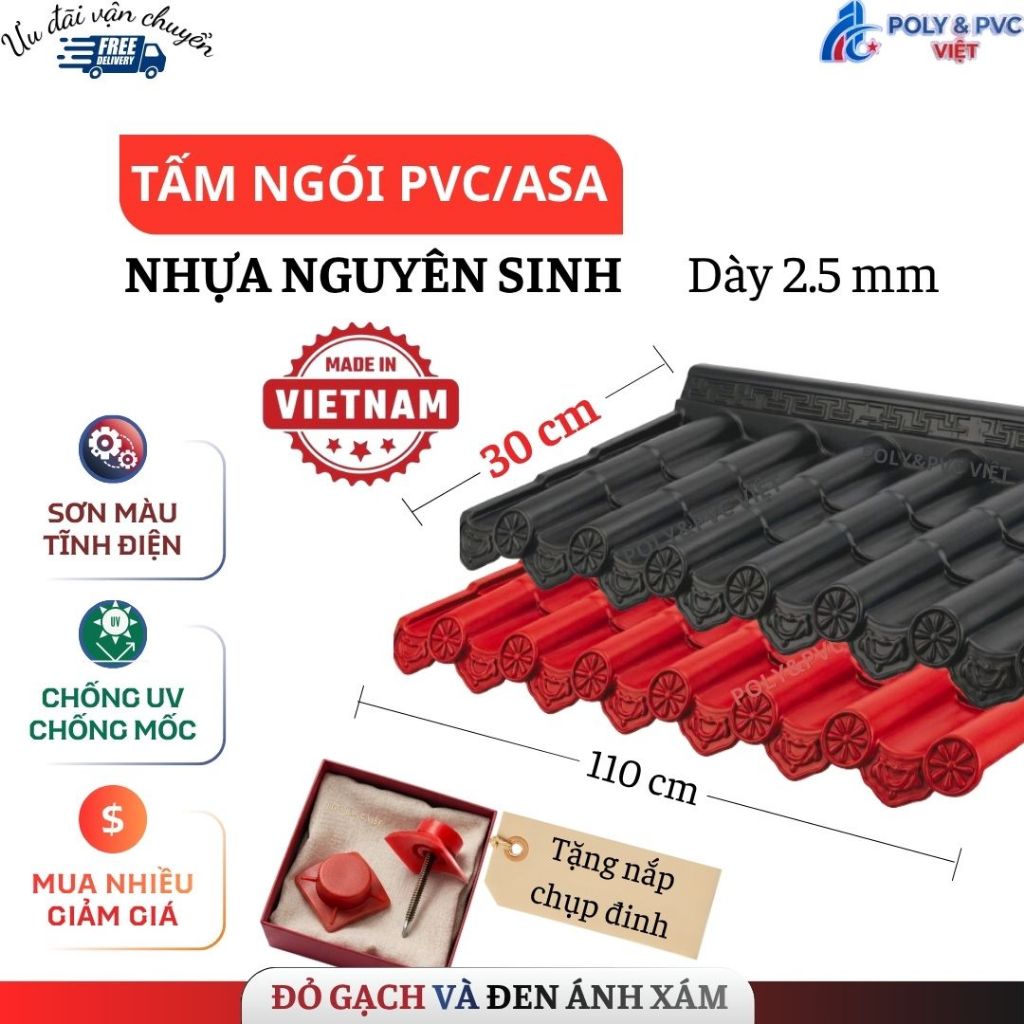 [30x110cm] Ngói Nhựa âm dương PVC/ASA  Nhật 2 Màu Đen và Đỏ sơn tĩnh điện chống ẩm Dày 2.5mm