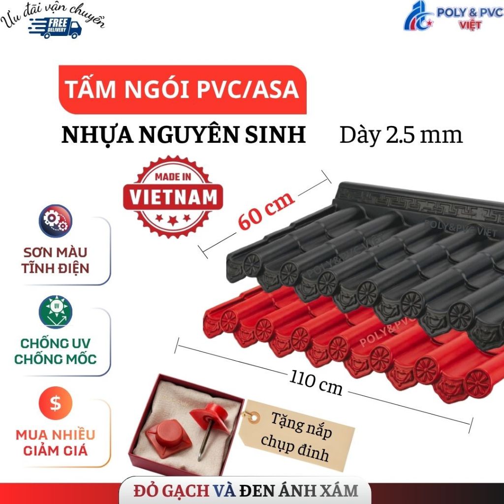 [60x110 cm] Ngói Nhựa âm dương PVC/ASA Nhật Bản 2 Màu đen + đỏ - Dày 2.5mm sơn tĩnh điện