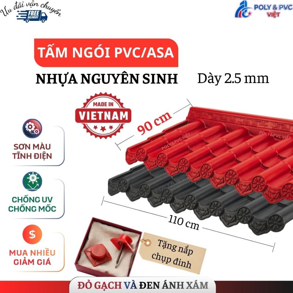 [90x110 cm] Ngói Nhựa âm dương PVC/ASA Nhật Bản 2 Màu đen + đỏ - Dày 2.5mm Sơn tĩnh điện