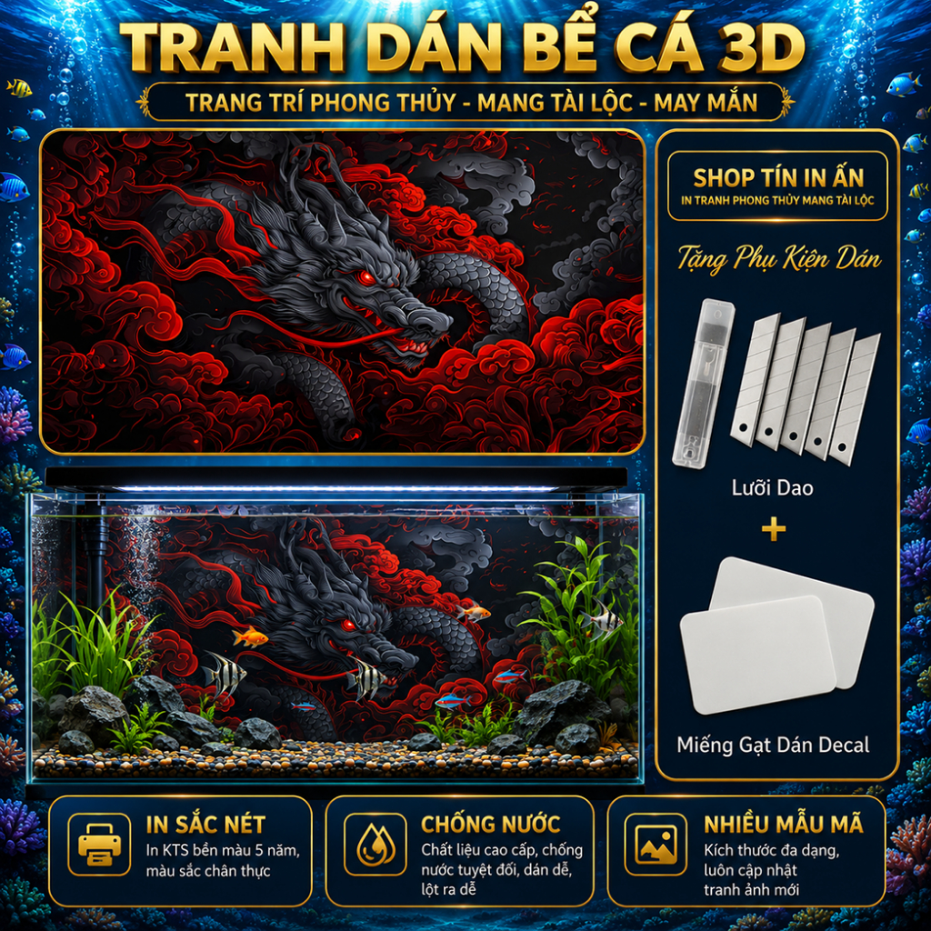 Decal tranh dán hồ cá 3D Kho In Ấn HC12 chống nước, In KTS dán dễ, gỡ dễ, có keo sẵn, nhiều kích cỡ
