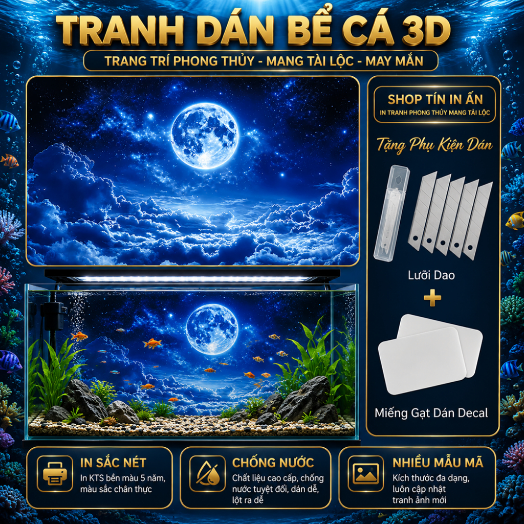 Decal tranh dán hồ cá 3D ánh trăng TH chống nước, In KTS dán dễ, gỡ dễ, có keo sẵn, nhiều kích cỡ