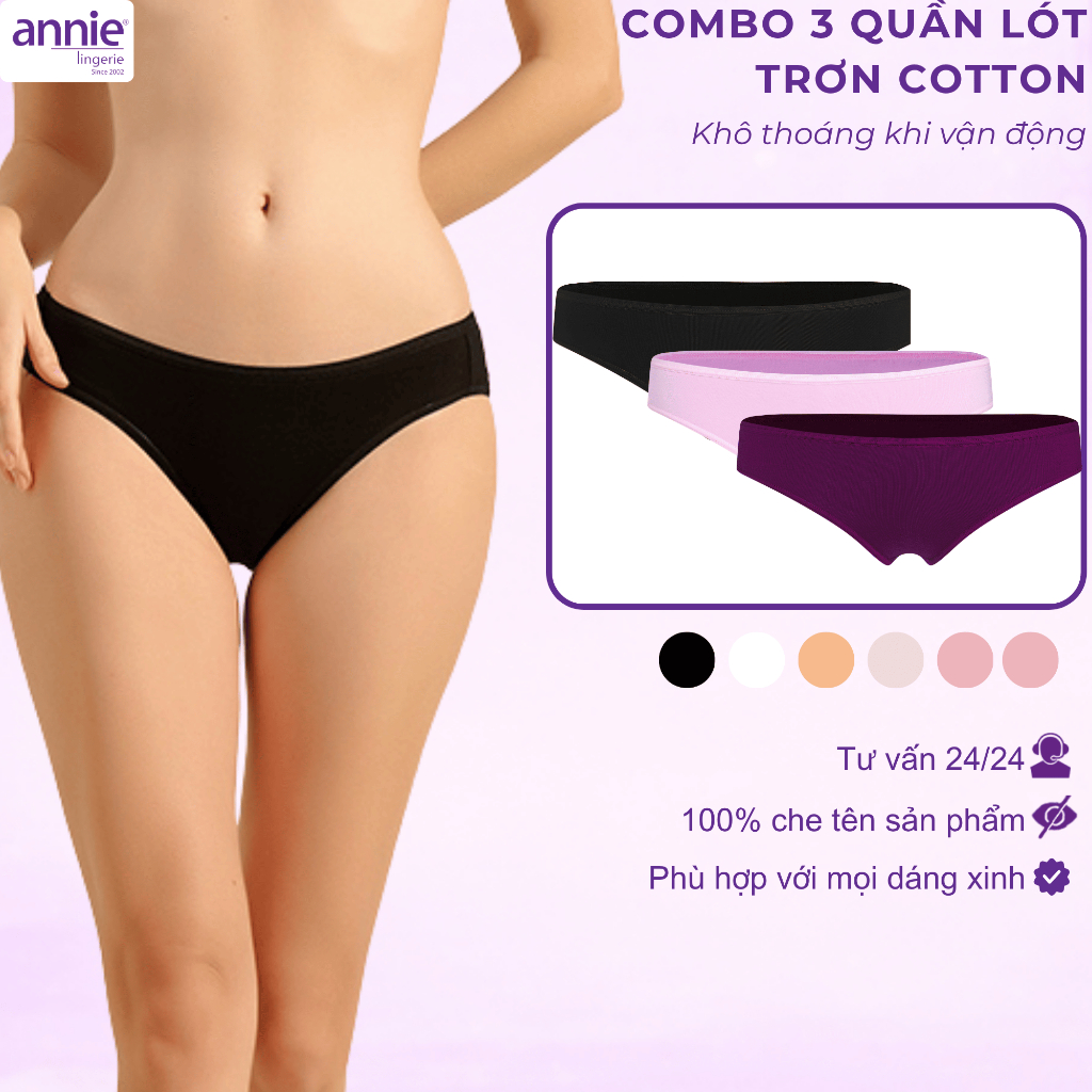 Combo 3 quần lót nữ trơn vải cotton annie QE837 form basic trẻ trung năng động, thoáng mát
