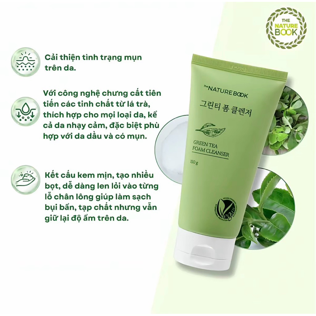 Sữa rửa mặt Trà xanh Nature Book Green Tea Foam Cleanser làm sạch sâu, kiềm dầu, dưỡng ẩm 150g