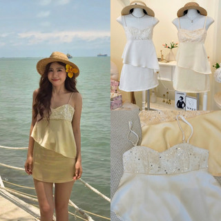 SEP House - Set lụa 2 dây tà chéo phối thêu cườm kèm chân váy A ngắn trắng vàng mùa hè trendy - Hàng loại 1