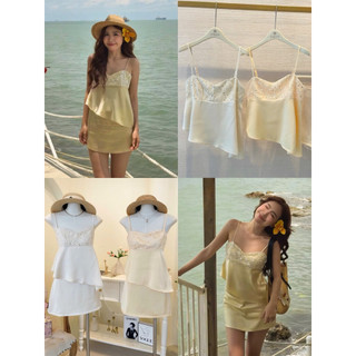 SEP House - Set lụa 2 dây tà chéo phối thêu cườm kèm chân váy A ngắn trắng vàng mùa hè trendy - Hàng loại 1