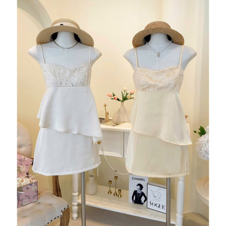 SEP House - Set lụa 2 dây tà chéo phối thêu cườm kèm chân váy A ngắn trắng vàng mùa hè trendy - Hàng loại 1