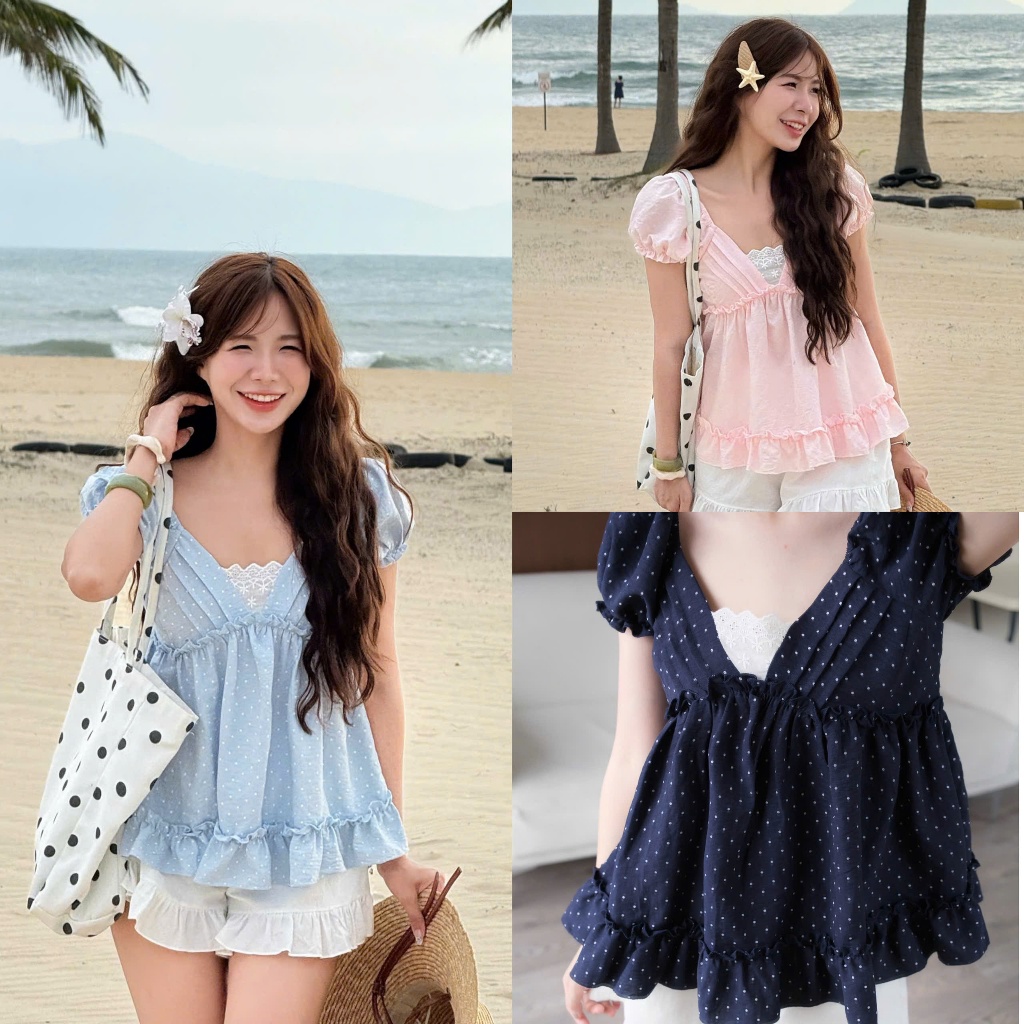 Clara Top (TSW) Áo babydoll cổ V viền bèo tay phồng Nữ the.sweaterweather