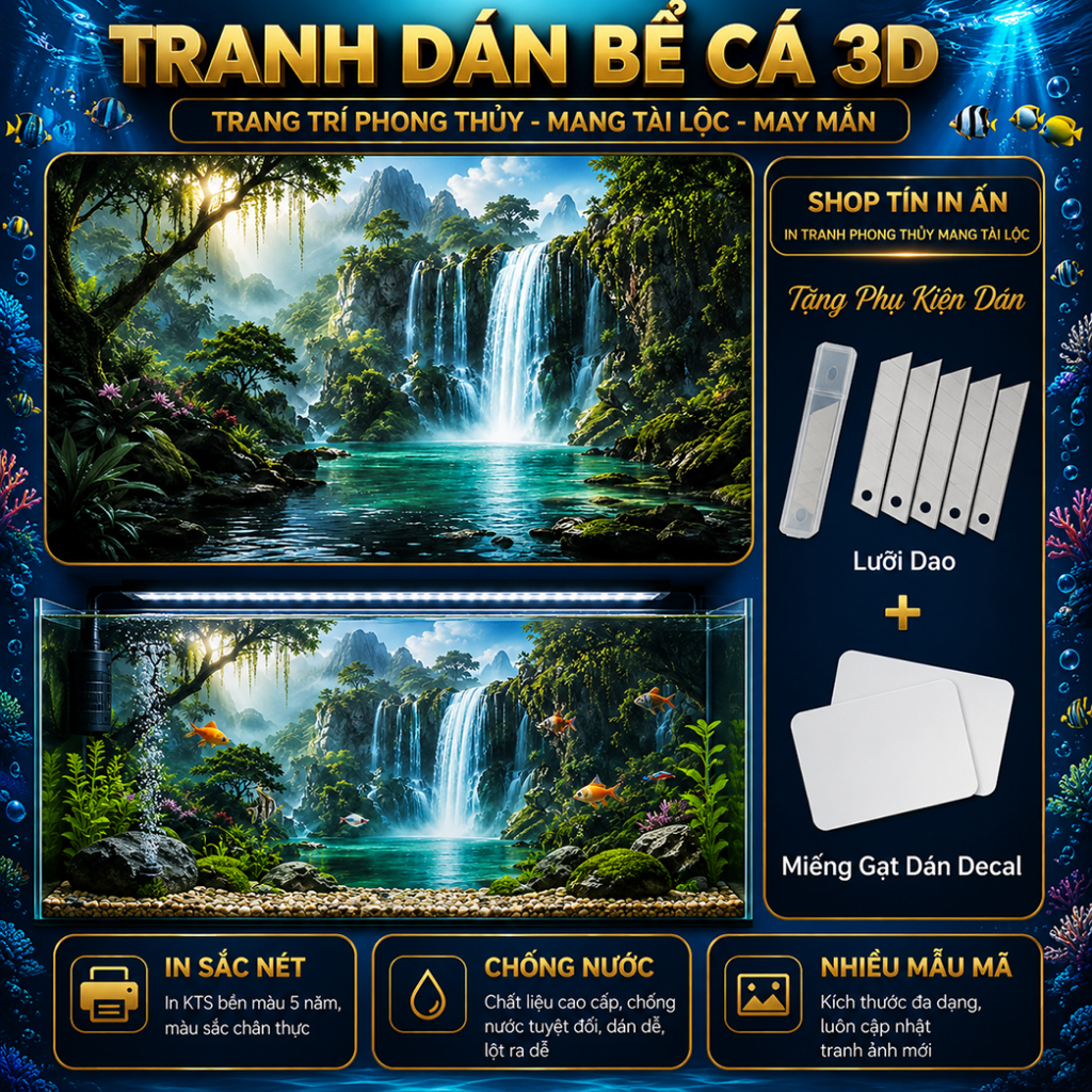 Decal tranh dán hồ cá 3D Kho In Ấn HC51 chống nước, In KTS dán dễ, gỡ dễ, có keo sẵn, nhiều kích cỡ