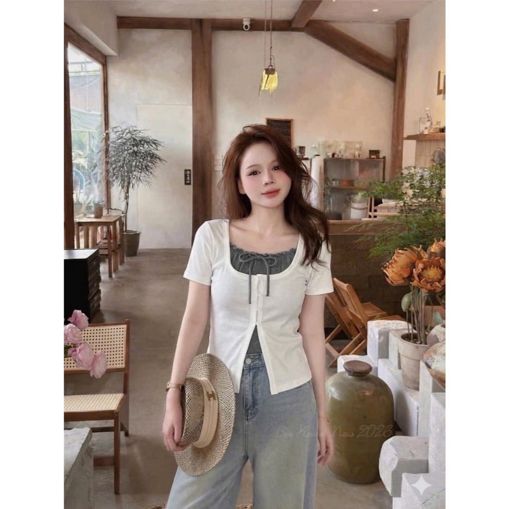 ÁO THUN GIẢ 2 LỚP CỔ SÂU THẮT NƠ | STYLE TIỂU THƯ HÀN QUỐC | OUTFIT ĐI CHƠI DẠO PHỐ SIÊU XINH BY CHAMIE STORE