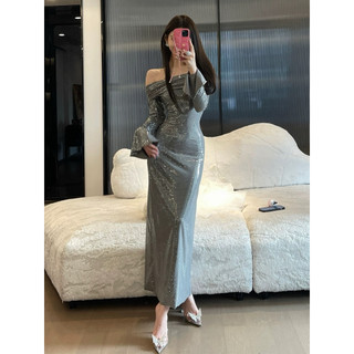 Đầm Dạ Hội Trễ Vai Phong Cách Âu Mỹ Đính Sequin Lấp Lánh Tay Hoa 3D Váy Ôm Dáng Dài Sang Trọng Dự Tiệc Nữ