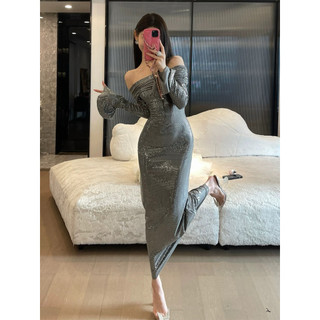 Đầm Dạ Hội Trễ Vai Phong Cách Âu Mỹ Đính Sequin Lấp Lánh Tay Hoa 3D Váy Ôm Dáng Dài Sang Trọng Dự Tiệc Nữ