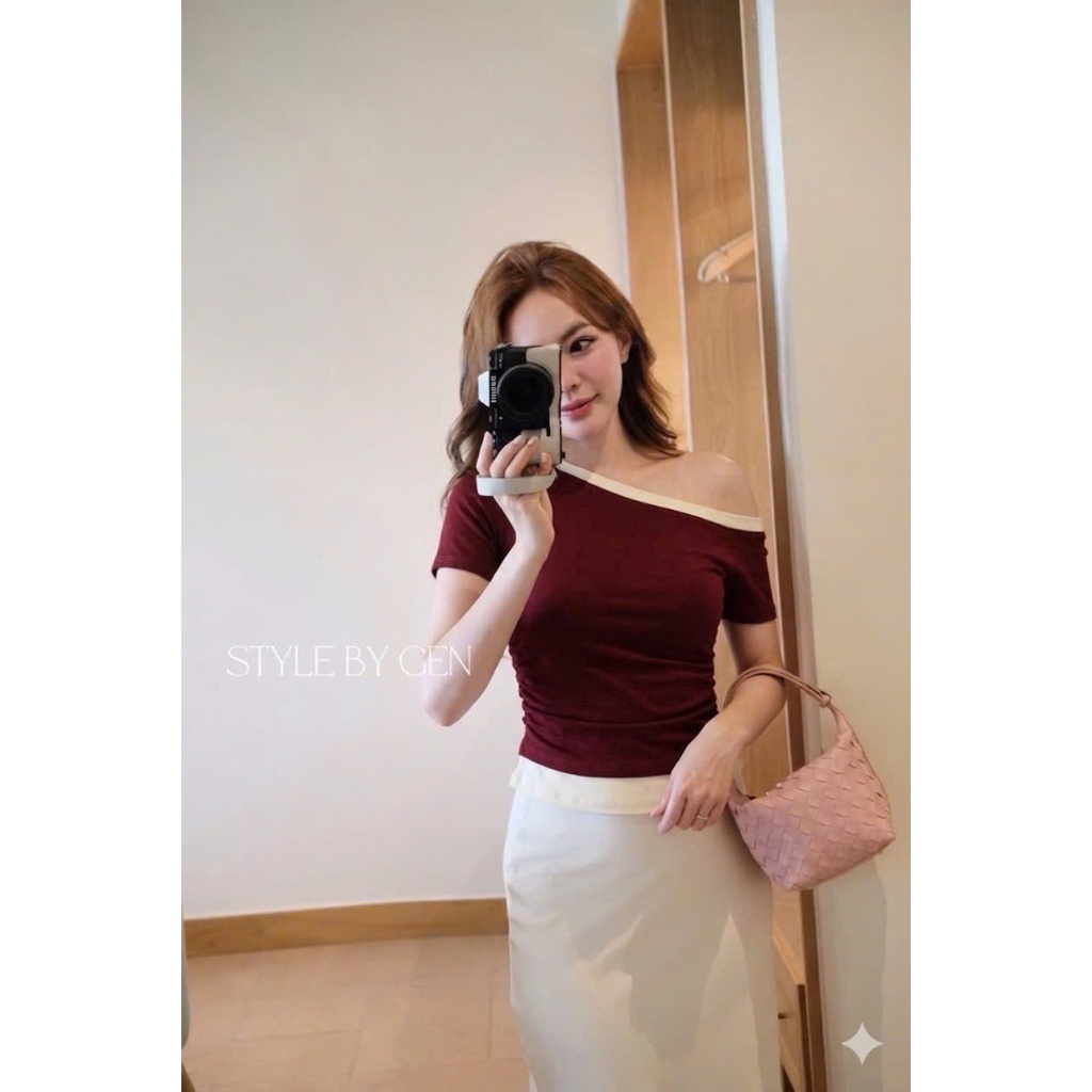 ÁO THUN LỆCH VAI PHỐI VIỀN TƯƠNG PHẢN | NHÚN EO ÔM BODY TÔN DÁNG | PHỐI MÀU HOT TREND SIÊU CUỐN BY CHAMIE STORE