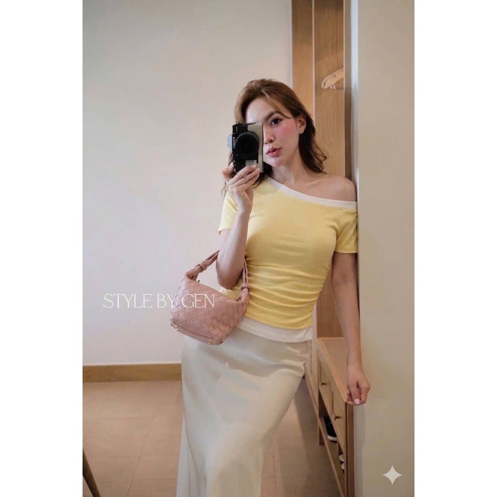 ÁO THUN LỆCH VAI PHỐI VIỀN TƯƠNG PHẢN | NHÚN EO ÔM BODY TÔN DÁNG | PHỐI MÀU HOT TREND SIÊU CUỐN BY CHAMIE STORE