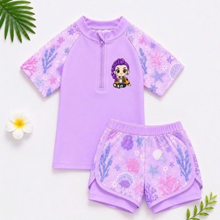 BK25 Đồ bơi bé gái BONBON KIDS dáng rời gồm áo+ quần đùi 2 lớp hoạ tiết Kurumi,bộ đồ đi tắm biển bé size 10- 45 kg