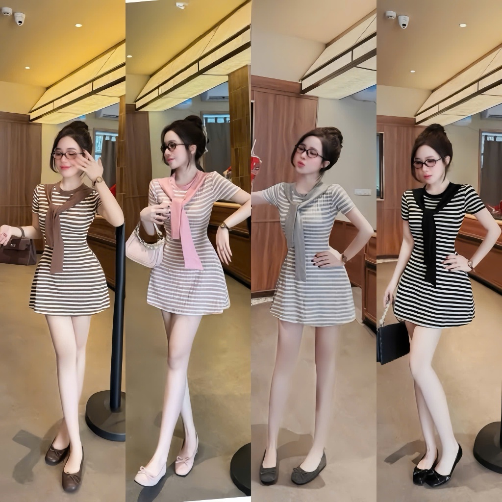 Đầm sọc tay ngắn cổ tròn phối khăn,chất thun tăm kèm quần rời thời trang