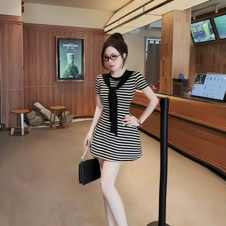 Đầm sọc tay ngắn cổ tròn phối khăn,chất thun tăm kèm quần rời thời trang