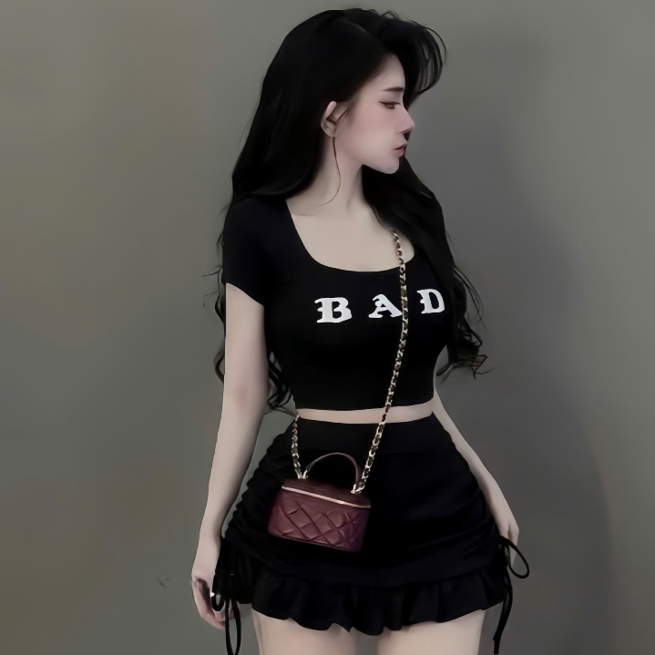 Sét áo thun tay ngắn cổ tròn chữ BAD+cv rút dây có lót quần thời trang