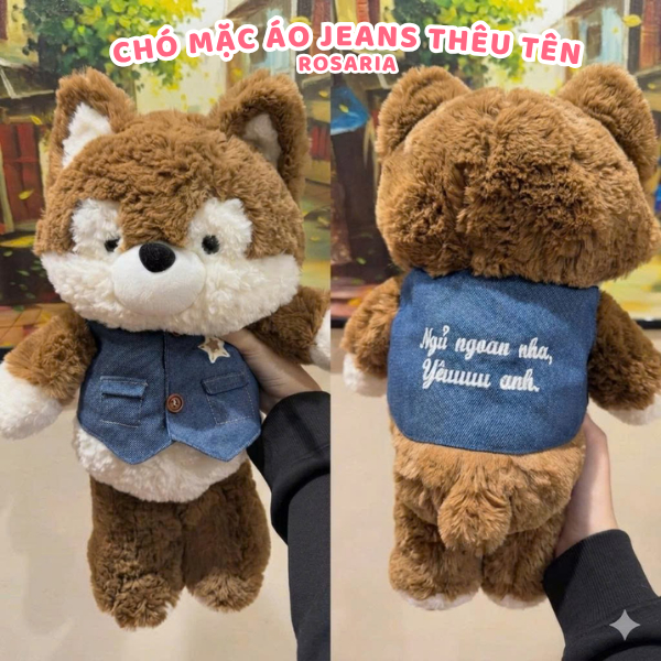 Gấu bông chó mặc áo jeans siêu cute CÓ THÊU TÊN – thú nhồi bông mềm mịn cao cấp, quà tặng hot trend