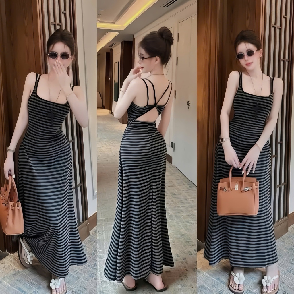 Đầm 2 dây sọc đen dáng dài,cắt xẻ kiểu ở lưng chất thun tăm thời trang