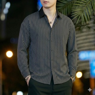 ÁO SƠ MI NAM DÀI TAY KẺ SỌC CỔ PHỐI MÀU TRƠN DÁNG VỪA VẶN CỔ PHỐI TRƠN CÔNG SỞ
