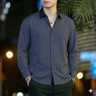 ÁO SƠ MI NAM DÀI TAY KẺ SỌC CỔ PHỐI MÀU TRƠN DÁNG VỪA VẶN CỔ PHỐI TRƠN CÔNG SỞ