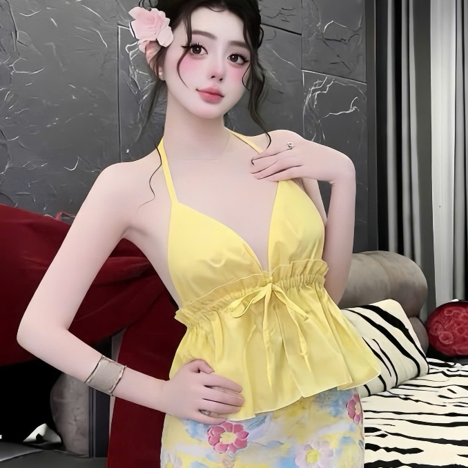 Sét áo yếm phối chân váy hoa chữ A ,chất kate có mút có lót quần thời trang