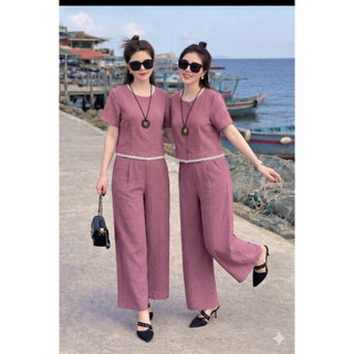 Set Bộ Đũi Vân Mây Phối Ren, Quần Ống Suông Thanh Lịch