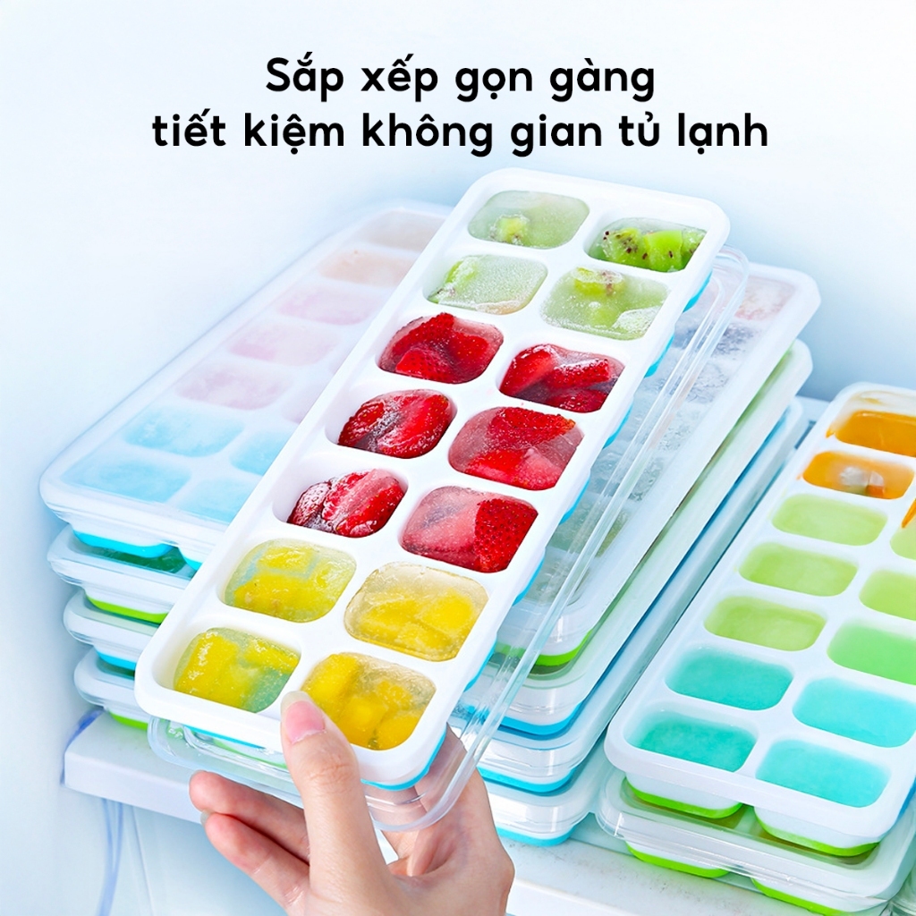 Bộ 5 Khay Làm Đá Viên Silicon 14 Ô Có Nắp Đậy Kín – Dùng Làm Đá, Thạch, Bảo Quản Gọn Gàng Tủ Lạnh