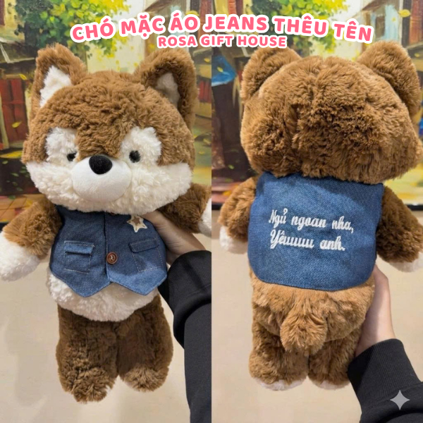 Gấu Bông 40cm Chú Mặc Áo Jeans Cao Cấp CÓ THÊU TÊN – Thú Nhồi Bông Dễ Thương, Quà Tặng Hot Trend