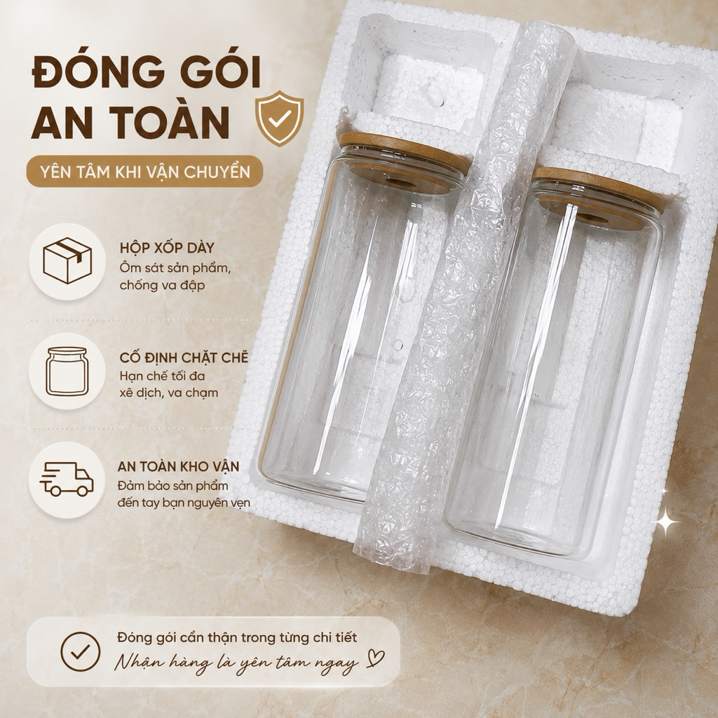 Ly Thủy Tinh 500ml Có Nắp Gỗ Và Ống Hút – Cốc Uống Nước, Trà Sữa, Cà Phê Đá Cao Cấp