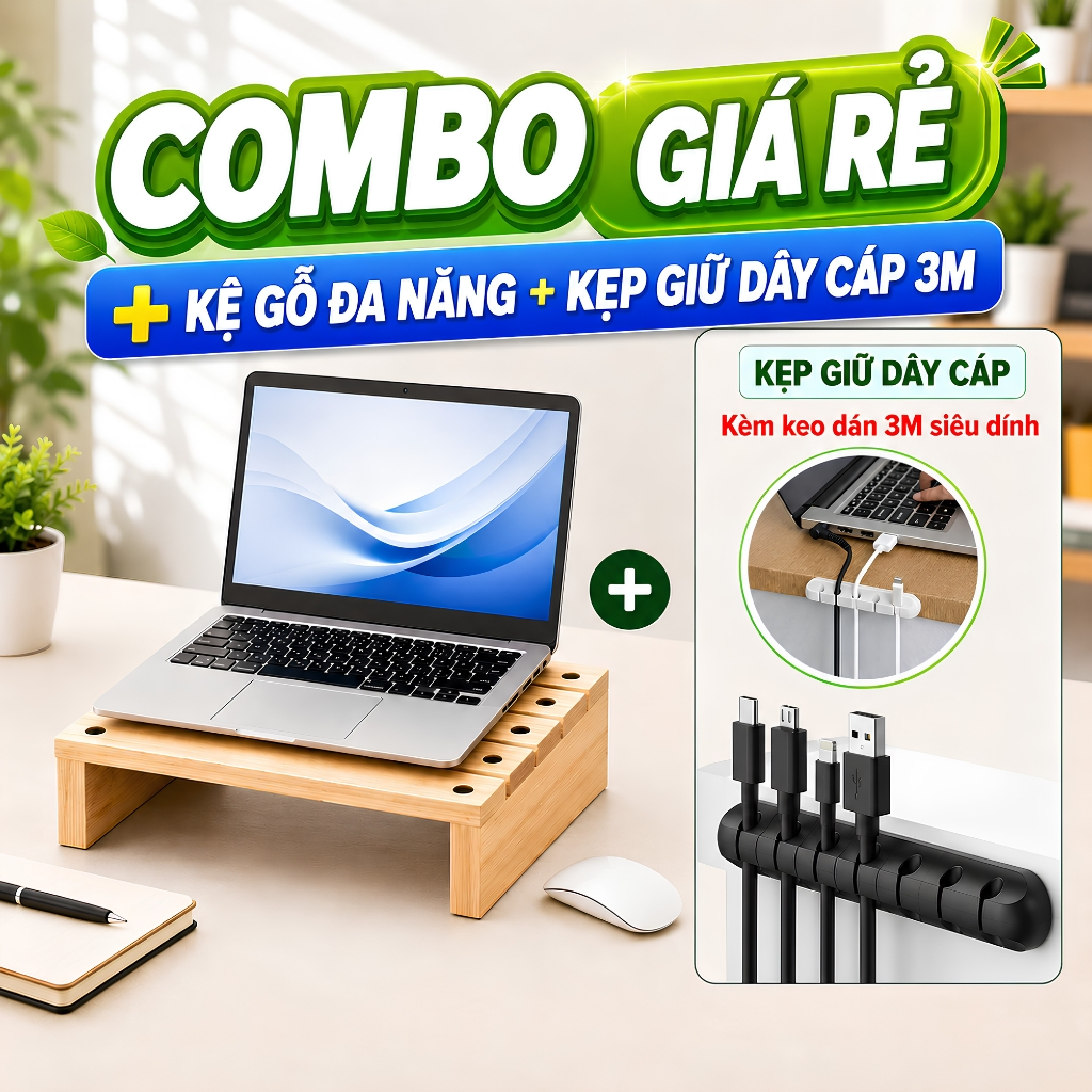 ( ComBo Giá Rẻ ) – Ghế Gỗ Kê Chân Văn Phòng & Laptop- Vòm Decor-Hỗ Trợ Tư Thế Ngồi chuẩn ERGO - Kèm Kẹp Dây Cáp Gọn Gàng