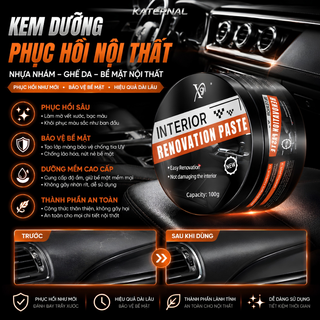 Kem Phục Hồi Nội Thất Xe Hơi KATERNAL 100g – Dưỡng Nhựa Taplo, Dưỡng Da Ghế Ô Tô, Làm Sạch Nội