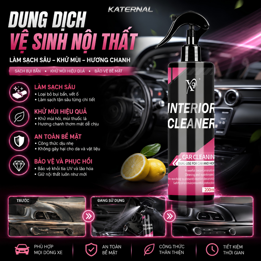 Chai Xịt Vệ Sinh Nội Thất Xe Hơi 200ml – Dung Dịch Làm Sạch Ghế Da, Taplo, Nhựa Ô Tô