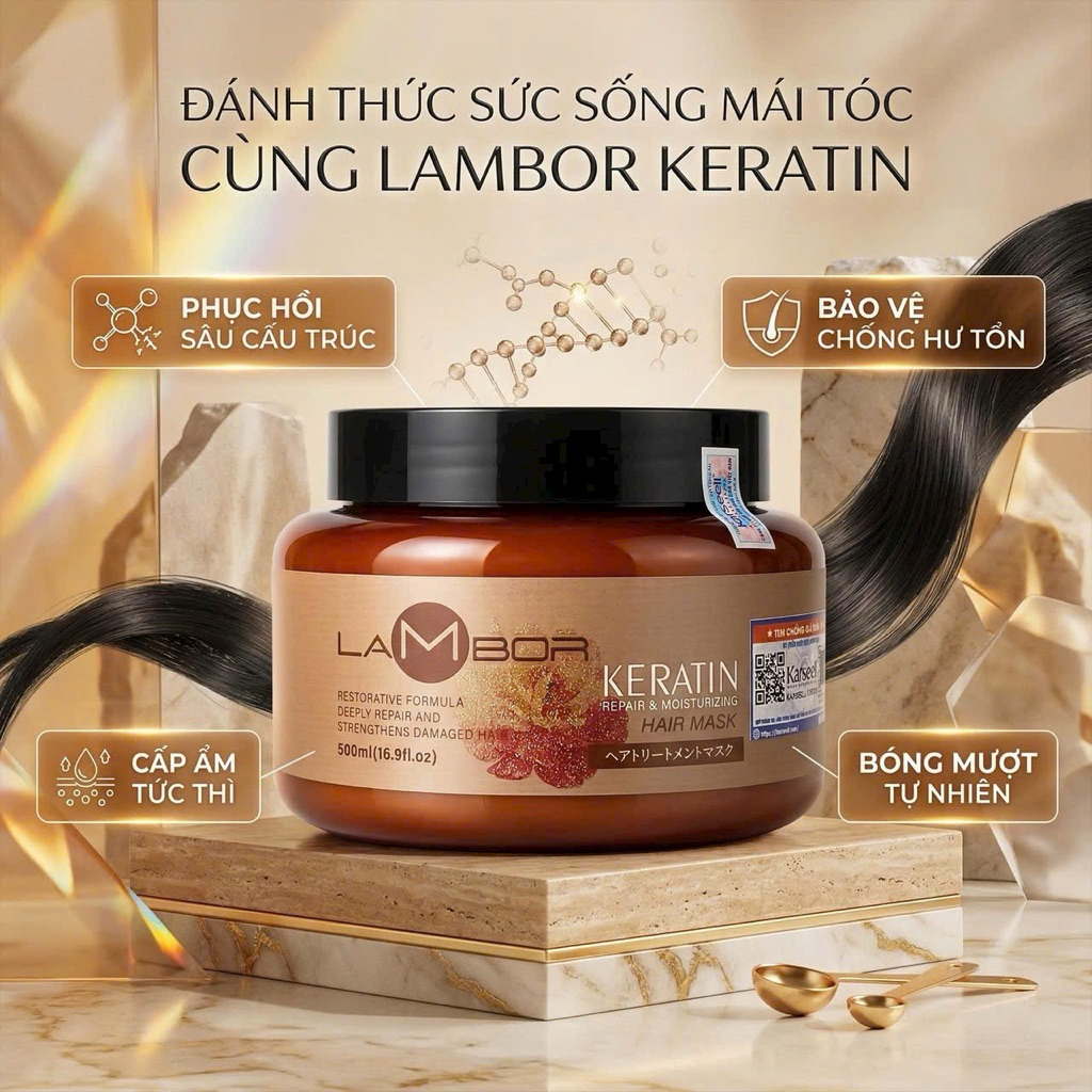 Hấp Dầu Keratin LAMBOR Ngăn Gàu, Giảm Rụng Tóc - Phục Hồi Tóc Hư Tổn Collagen Keratin Smooth 500ml
