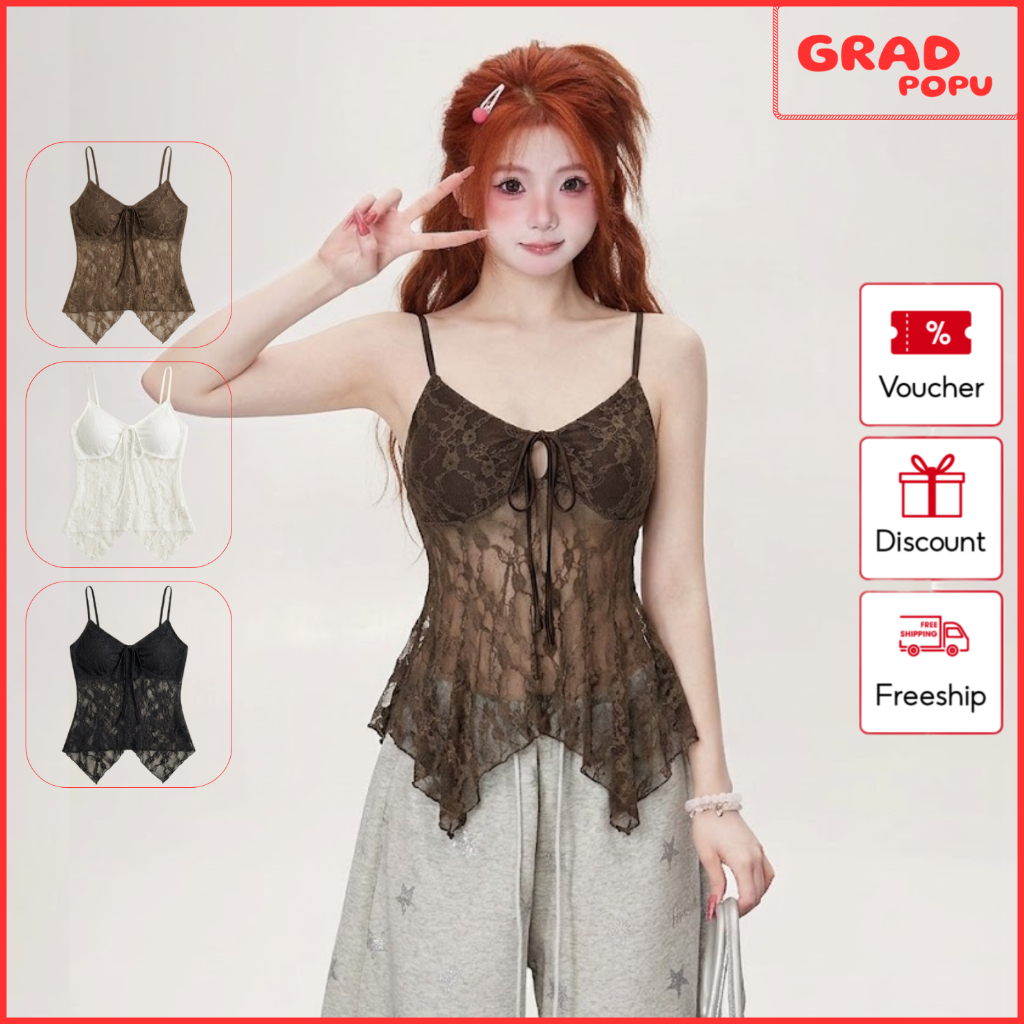 Áo hai dây ren nữ GRADPOPU buộc nơ ngực form ôm tôn dáng kiểu ren xuyên thấu phong cách gợi cảm PB88