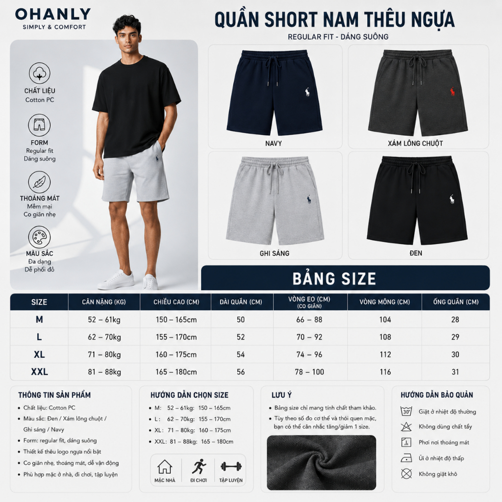 Quần Short Nam Biểu Tượng Ngựa OHANLY – Quần Đũi Cotton PC Regular Fit Co Giãn Mặc Mát