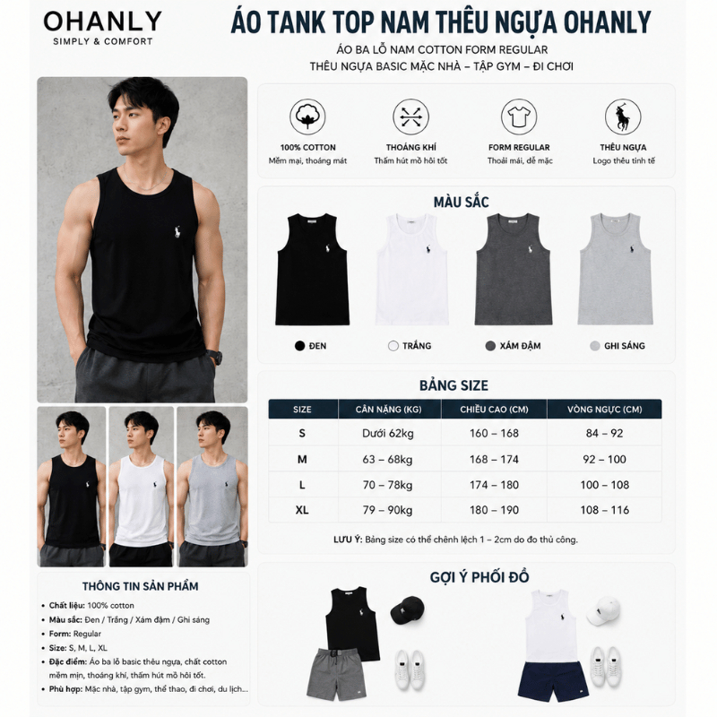 Áo Tank Top Nam Thêu ngựa OHANLY – Áo Ba Lỗ Nam Cotton Form Regular Thêu Ngựa Basic Mặc Nhà Tập Gym Đi Chơi