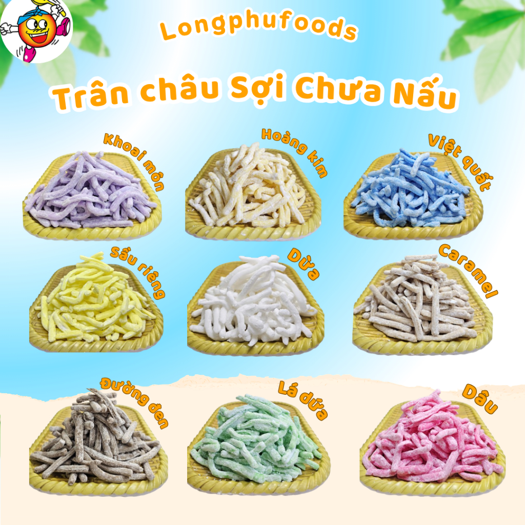 Trân Châu Sợi Long Phú gói 1kg có nhiều vị - Dùng làm Topping trà sữa, chè, nước giải khát