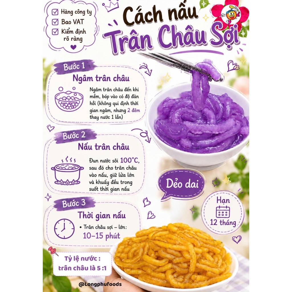Trân Châu Sợi LONG PHÚ Gói 1kg Có nhiều vị - Topping Nguyên Liệu Trà Sữa Dẻo Dai Thơm Mềm