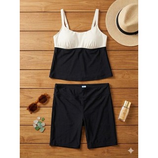 (80-85kg)Bikini 2 mảnh, áo tankini kín đáo đen trắng kèm quần short che khuyết điểm tốt hàng xuất dư